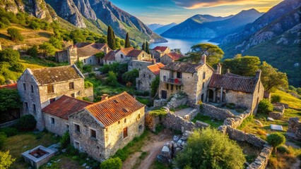 Obraz premium Abandoned Mountain Village, Gornji Stoliv, Montenegro - Drone Aerial View