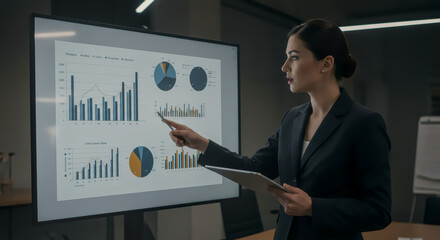 Strategic insights: A focused business woman presents data visualization, chart analysis, and performance metrics during an interactive corporate presentation.