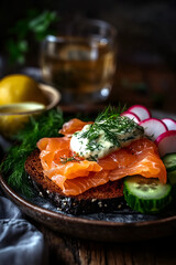Springtime Scandinavian smorrebrod with fresh salmon and dill