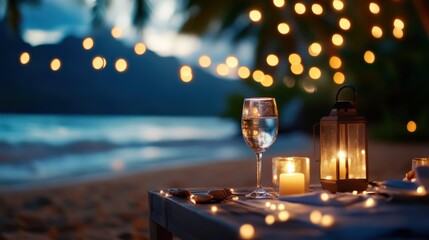 Romantic beach dinner tropical paradise dining experience nighttime close-up ambiance and serenity