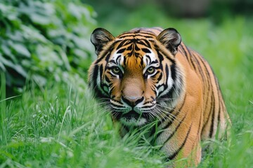 Obraz premium Majestic Tiger Camouflaged in Lush Greenery: A Portrait of Nature's Striped Predator