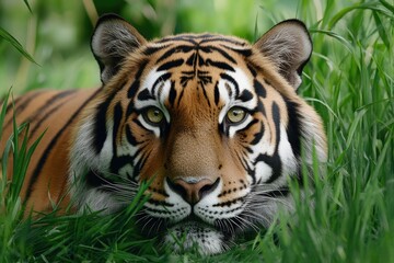 Fototapeta premium Majestic Tiger Camouflaged in Lush Grass: A Glimpse of Wild Splendor