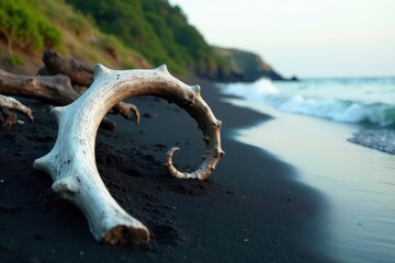 Fototapeta premium Seashore Spiral A bleached driftwood branch, sculpted by the ocean's currents, rests on a dark sand beach, near a tranquil ocean shoreline.