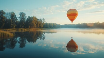 A serene lake with flawless reflections a colorful hot air balloon floating above