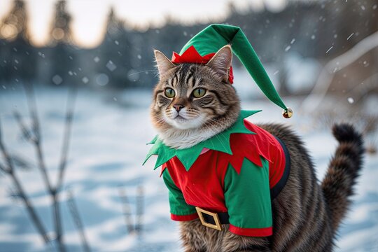 Festive Cat in Elf Costume Against a Snowy Landscape