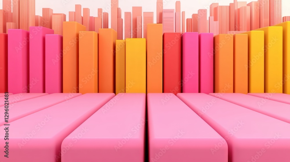 Aufkleber abstract colorful 3d background with pink and orange geometric shapes and city skyline ideal for pre