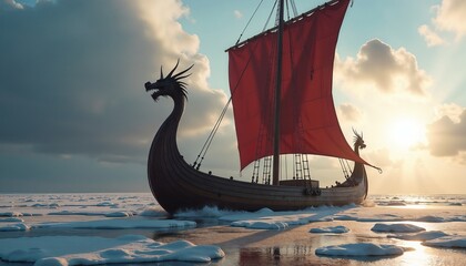 Viking ship with a red sail navigating through icy waters under a dramatic sky