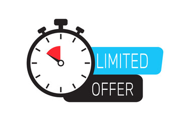 Limited offer icon with time countdown. Vector super promo label with alarm clock, ribbon with word. Last offer banner for promotion.