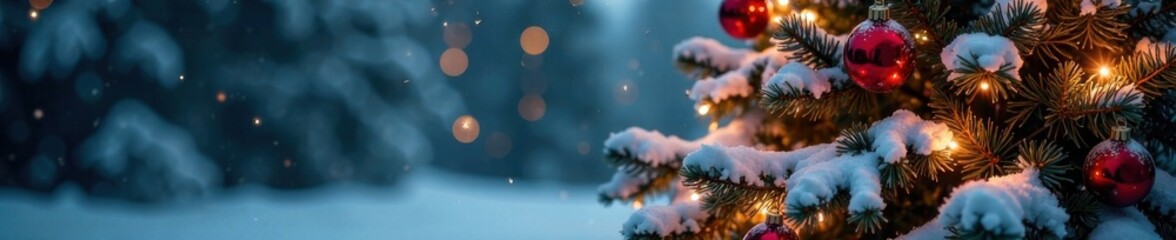 Snowy Christmas tree with ornaments and lights, decorating, evergreen, festive