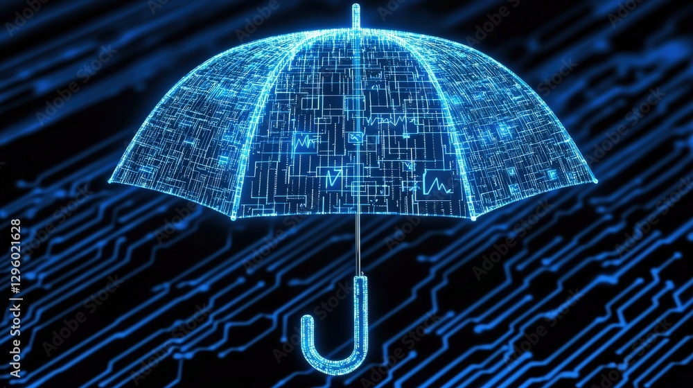 Poster protect prevention policy concept. digital umbrella with circuit patterns on a blue background.