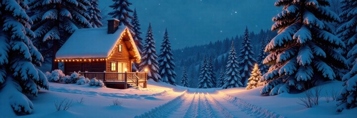 Fototapeta premium Snowy forest landscape at night with twinkling lights and festive decorations, holiday, lights, snowy
