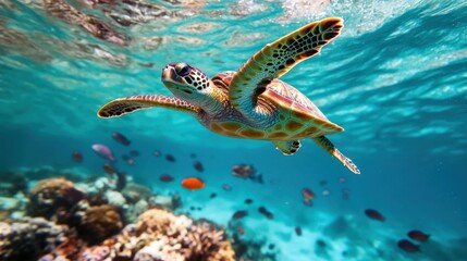 Graceful sea turtle swimming among coral reefs underwater paradise marine life vibrant ecosystem aquatic perspective