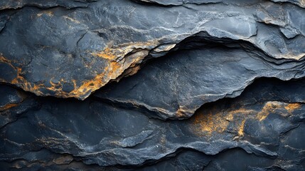 Close-up image of dark blue and golden slate rock texture showing multiple layers and details Dark Blue and Golden Slate Rock Texture: A Close-Up View of Layered Stone