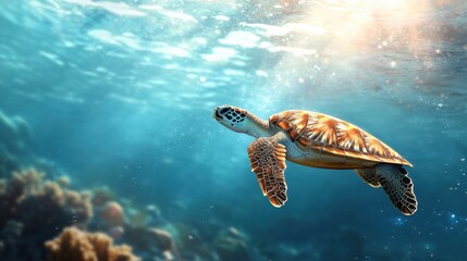 Fototapeta premium Graceful sea turtle swimming in vibrant coral reef underwater scene marine environment nature's beauty serene perspective