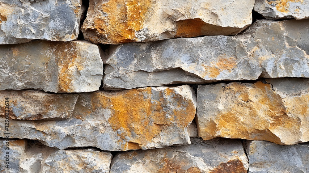Poster close-up view of a rustic stone wall, showcasing the varied colors and textures of the stones. rusti