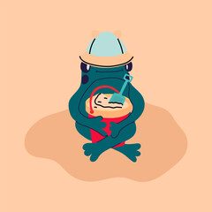 Cartoon frog wearing a summer hat, playing in the sand with a bucket and shovel, enjoying a fun beach day