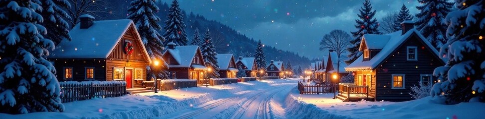 Snowy village at night with Christmas lights and decorations, winter, festive, nighttime