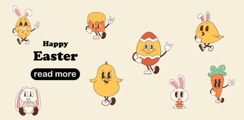 Web page design template. Set of Groovy Cute Easter Characters