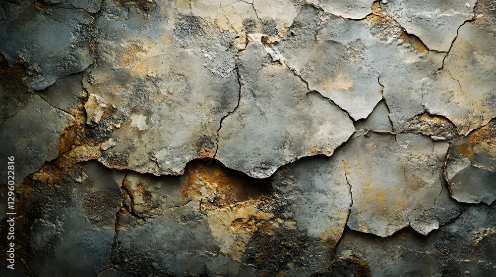 Aufkleber close-up image of a heavily textured surface showing cracks and weathering. shades of grey and brown