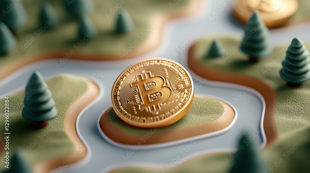 Poster a close-up depiction of a bitcoin coin resting on a stylized landscape featuring trees and winding w