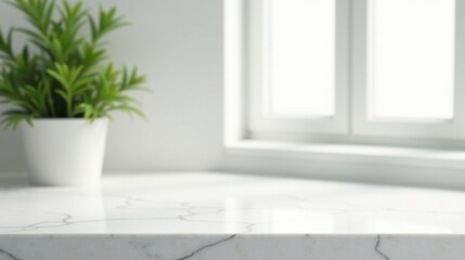 Clean Minimalist White Marble Surface Near Bright Window with Potted Plant