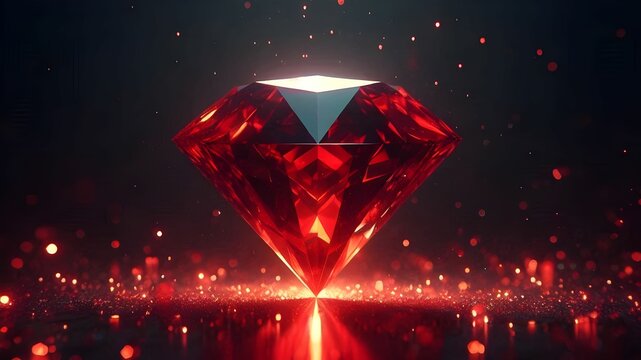 shiny bright big transparent red diamond gemstone in an abstract dark background