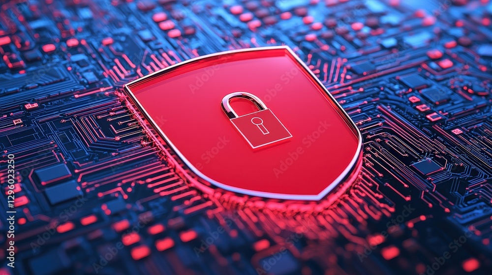 Poster protect prevention policy concept. shield with a padlock on a digital circuit background.