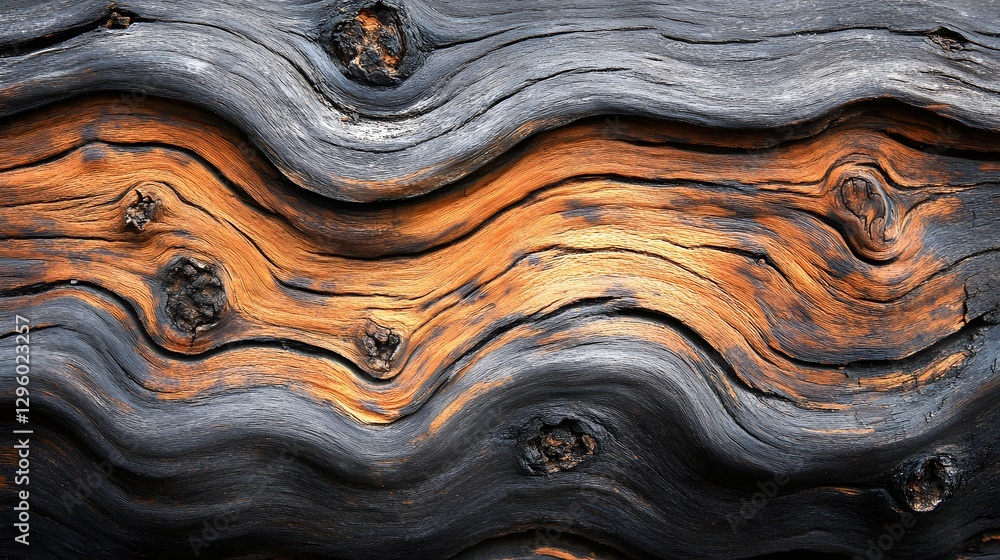 Poster close-up view of intricate wood grain, showcasing a mix of burnt gray and rich orange tones. the tex