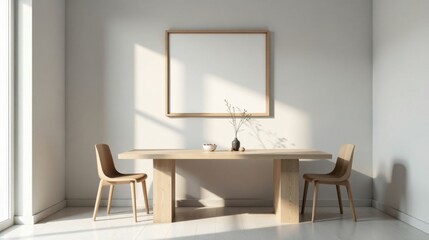 Minimalist Dining Room Design Featuring Light Wood Table and Chairs with a Blank Canvas