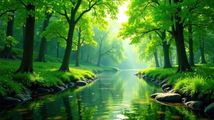 Obraz premium Serene Stream Winding Through a Lush Green Forest Canopy on a Sunny Morning