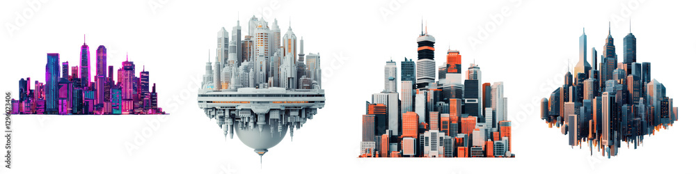 Poster surreal and futuristic digital depicting a cityscape with high rise skyscrapers and buildings floati