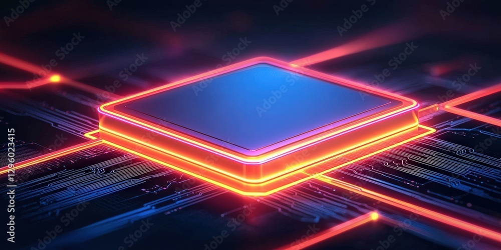 Poster protect prevention policy concept. futuristic microchip with glowing edges on a digital circuit back