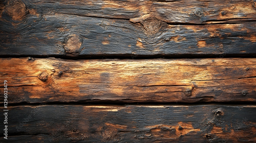Poster close-up view of an aged wooden texture. rustic brown and black timber planks with visible grain and