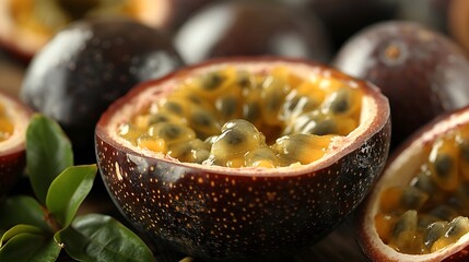 A halved passion fruit with its golden pulp and black seeds oozing onto a white background surrounded by whole passion fruits