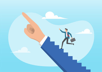 A businessman stepping up a staircase with a leader pointing hand