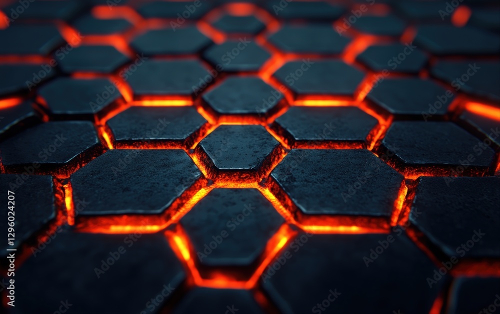Poster Abstract Dark Hexagon Pattern Background Glowing with Orange Light Futuristic Technology Design
