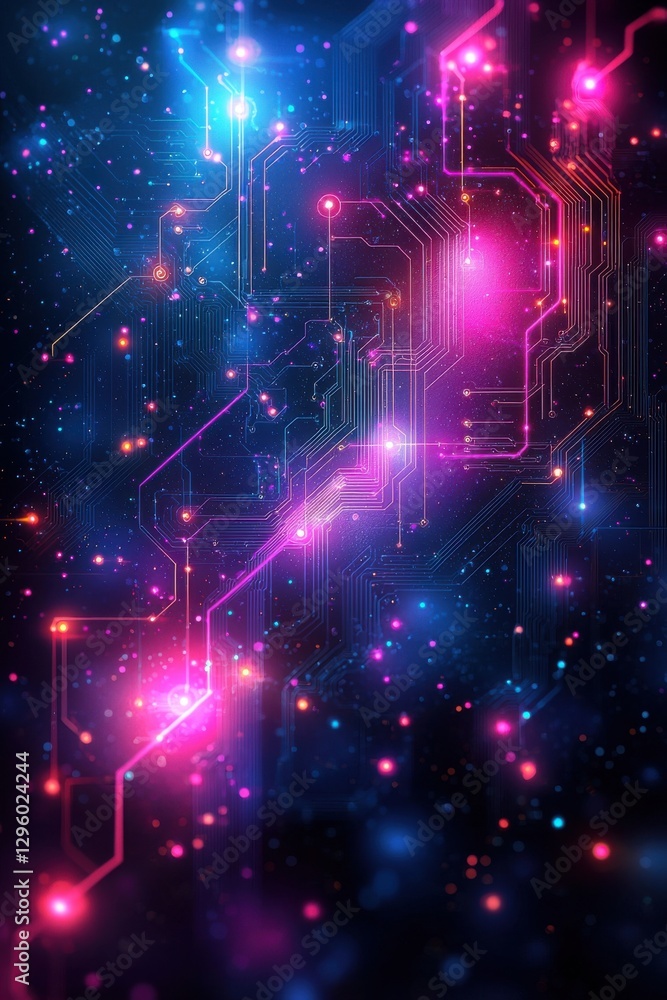 Poster colorful digital circuit board with illuminated neon lights and intricate patterns