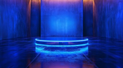 Glass podium on a reflective floor, glowing softly in blue