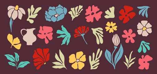 Set of hand drawn floral design elements, abstract shapes. Wild and garden flowers, leaves. Contemporary modern vector botanical art illustrations in trendy bright colors on dark background.