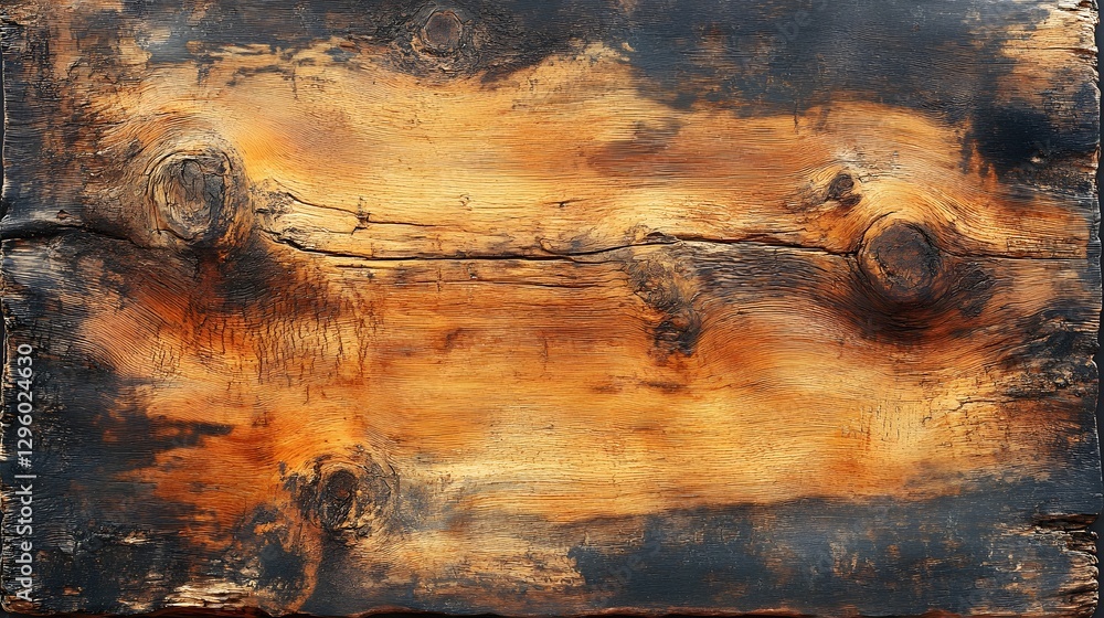 Poster close-up of a rustic wooden plank, showing rich, weathered texture and various colors. ideal for bac