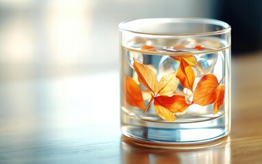 Clear glass of water with fresh green leaves floating on top creating a refreshing and natural drink
