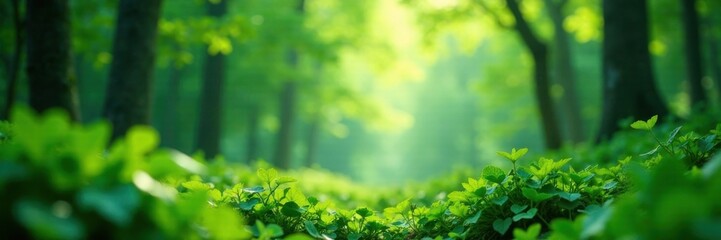 soft focus effect on a lush green forest with dreamy haze, trees, forest, overgrown
