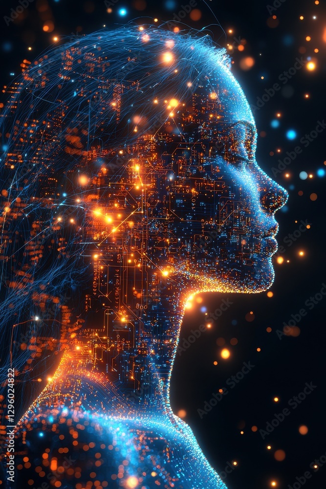 Poster abstract representation of digital human profile with futuristic design and technology
