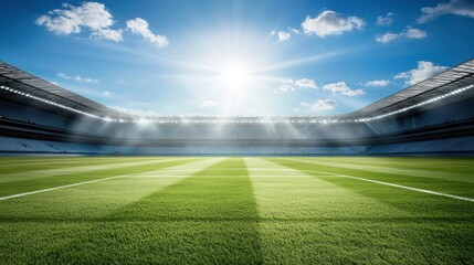 Fototapeta premium Sunlit Soccer Stadium with Freshly Cut Grass Under Clear Blue Sky and Soft Clouds