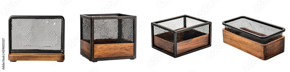 Poster assortment of modern minimalist wooden and metal storage organizers baskets and containers with a sl