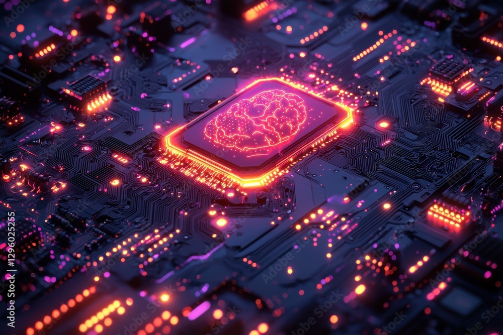 Poster futuristic glowing brain circuitry on a technological microchip background