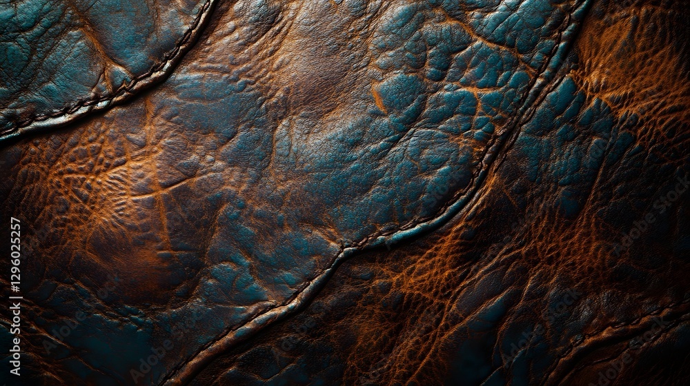 Poster Close-up image showcasing the rich texture of distressed leather. Brown and teal tones create a visually striking contrast. Distressed Leather Texture: A Study in Brown and Teal Hues
