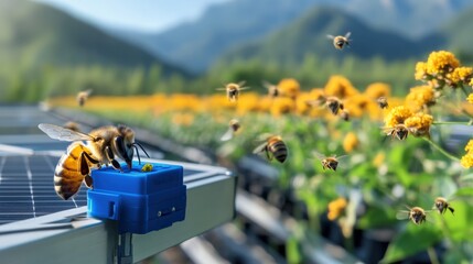 Bees pollinating vibrant flowers near solar panels nature conservation sunny field close-up perspective eco-friendly practices