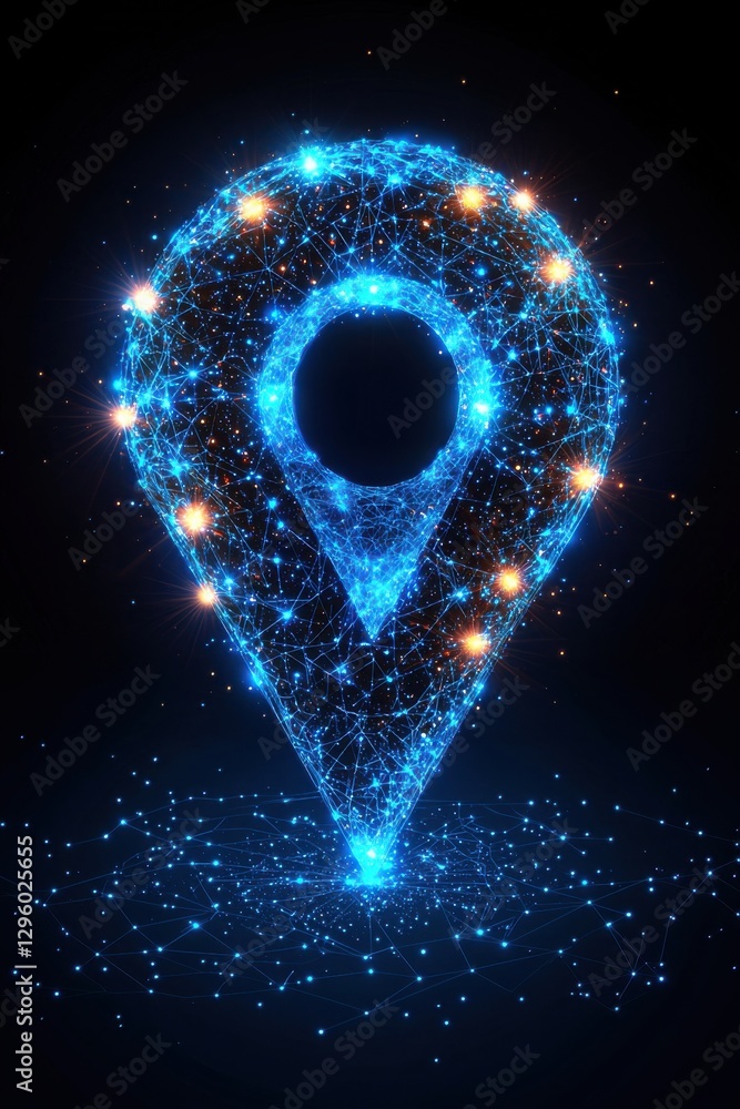 Poster abstract glowing map pin design with digital network connectivity
