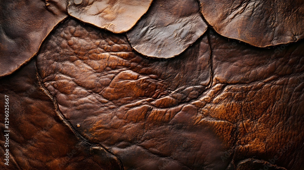 Poster close-up view of rich brown leather with deep wrinkles and texture. intricate texture of brown leath